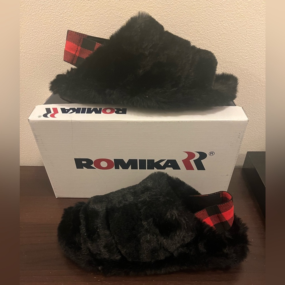 ROMIKA by Josef Seibel Black cozy plush slipper with Plaid elastic band Sz 7 7.5